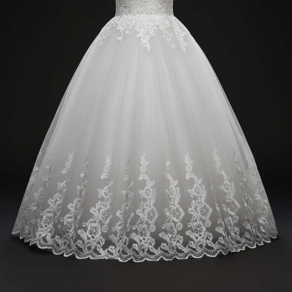 Timeless white princess wedding gown with floral lace border and cathedral-inspired elegance