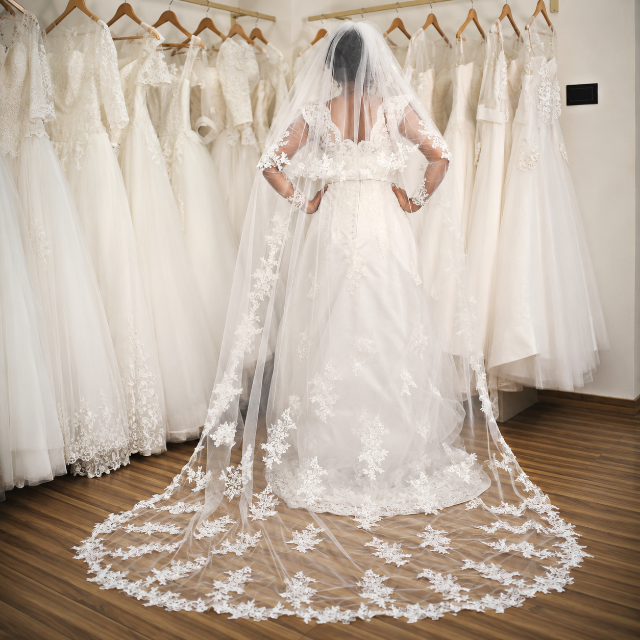 Close-up of comb and attachment on Cathedral Bridal Veil with Lace — GownLink CATHEDRAL