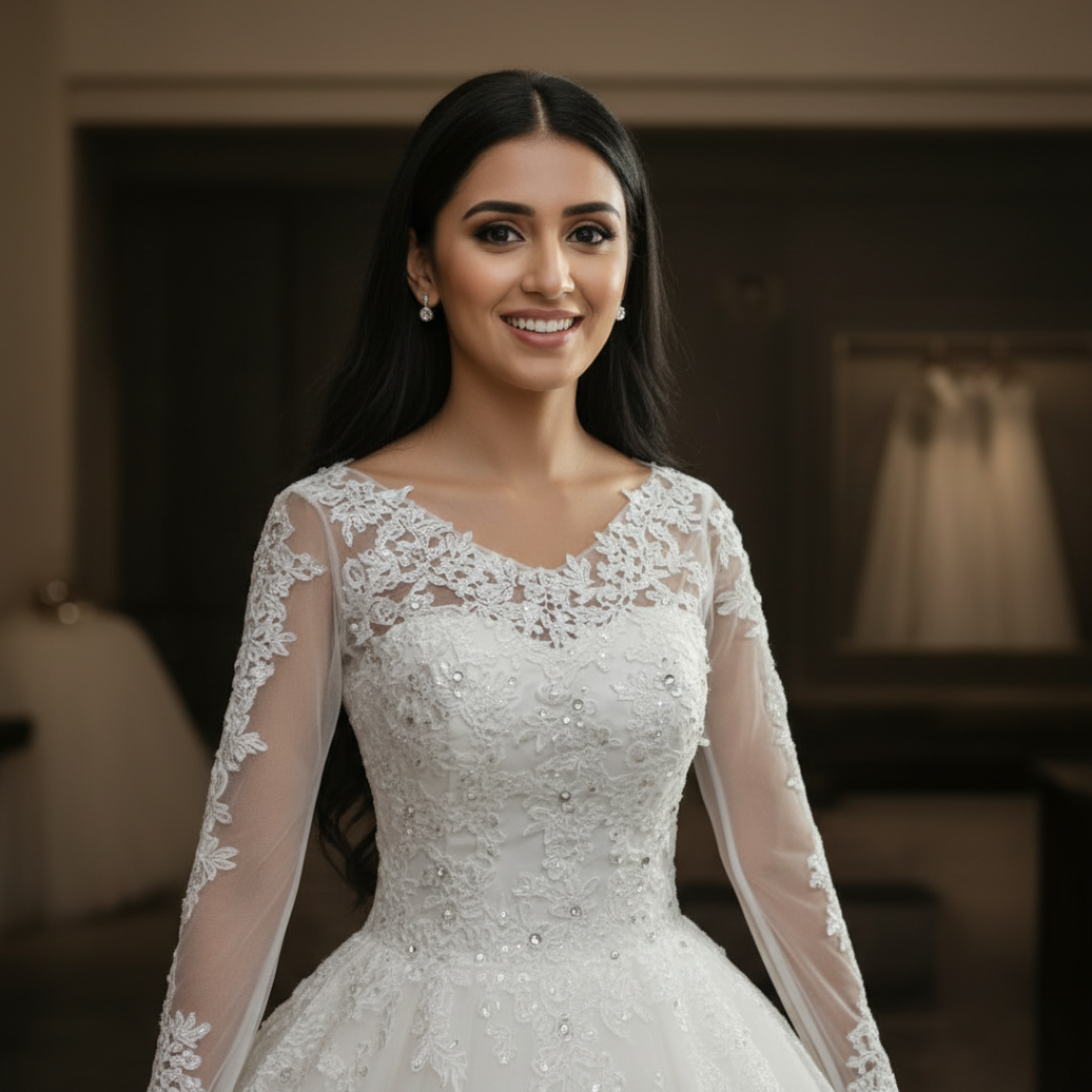 Full-length view of White Bridal Gown with Long Train with train spread on floor — GownLink GLHSD189T