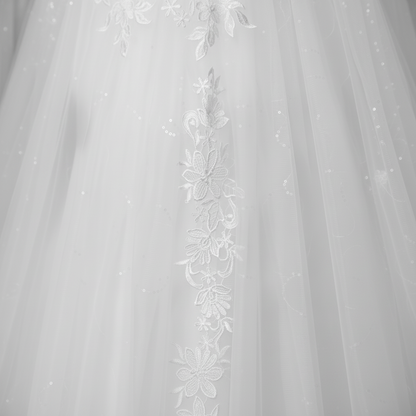Three-quarter view of White Ball Gown on model — GownLink GLGF042B