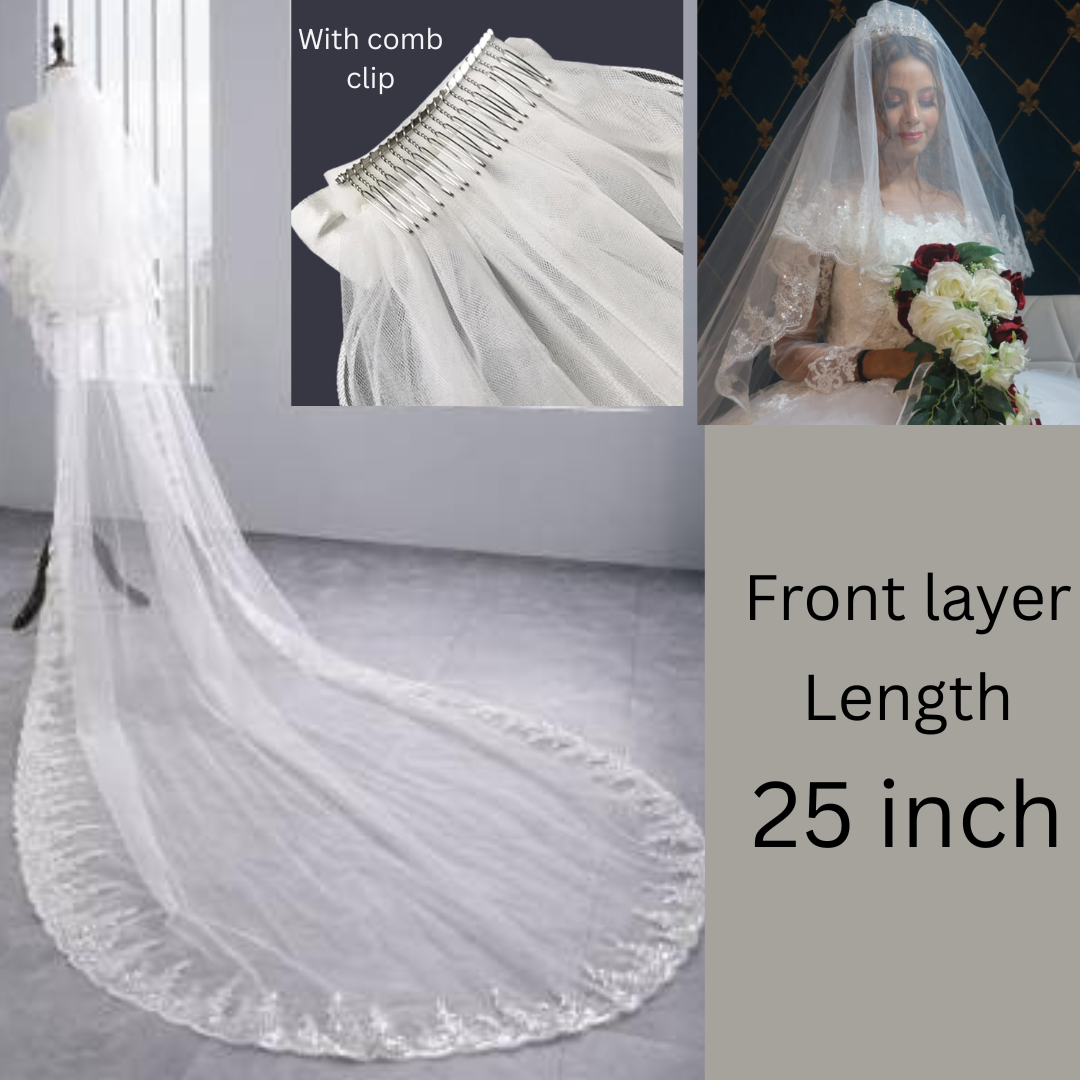 GownLink elegant white bridal veil featuring soft tulle, sequence, and front blusher layer 