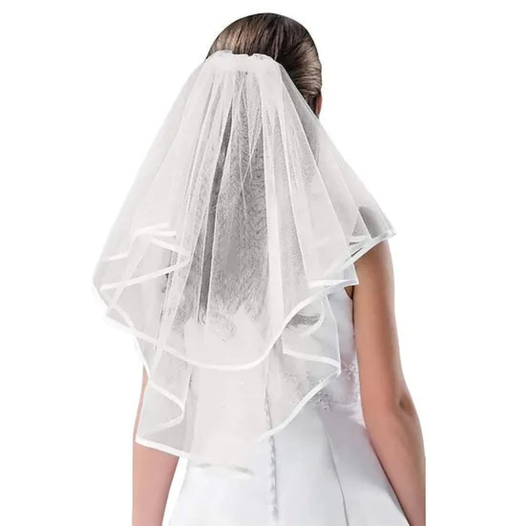 Bridal veil with satin ribbon edging for church wedding and bridal gown
