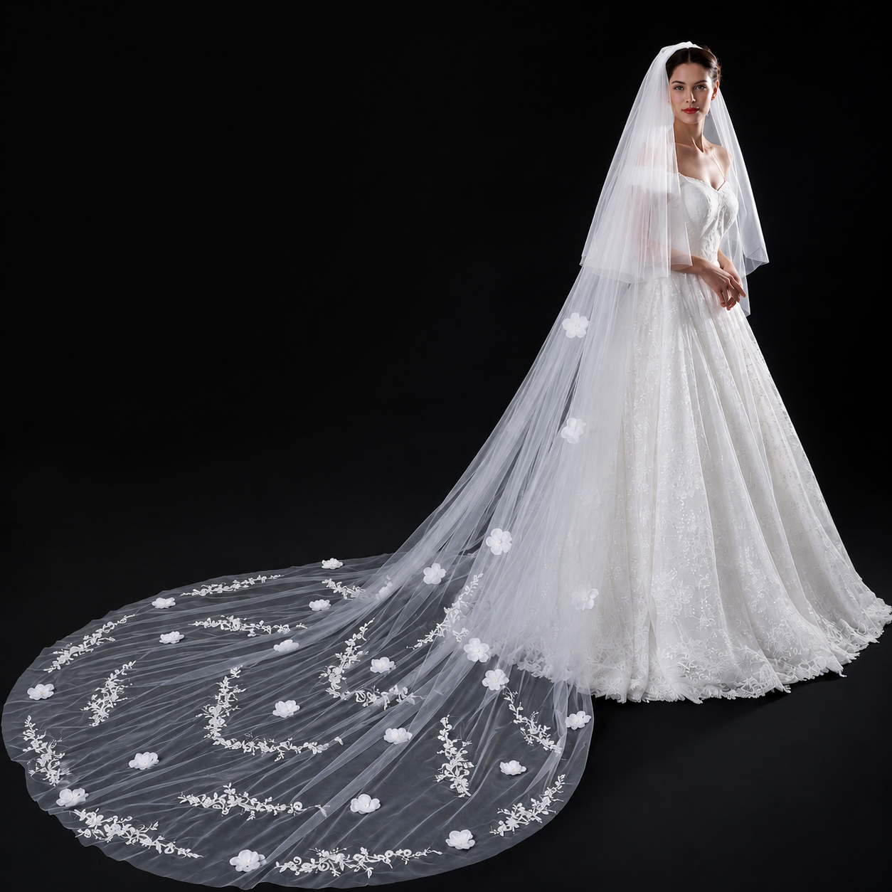 Front view of Cathedral Bridal Veil draped over model — GownLink GLVHM8