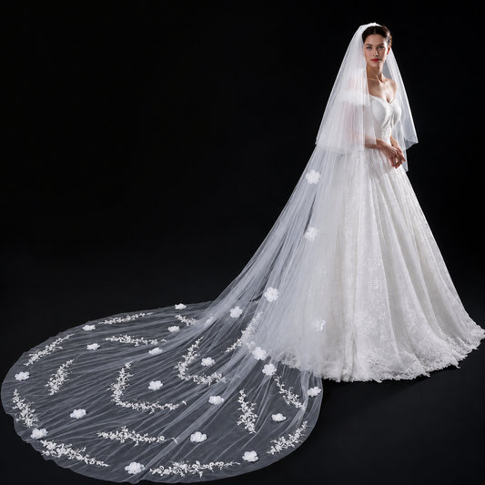 Front view of Cathedral Bridal Veil draped over model — GownLink GLVHM8