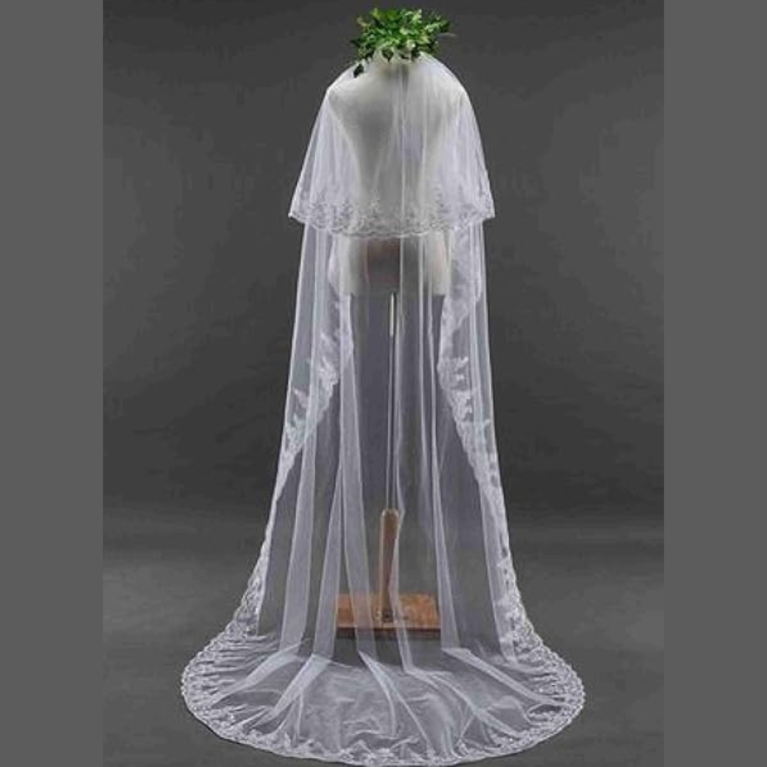 Long white bridal veil with lace trim and face blusher
