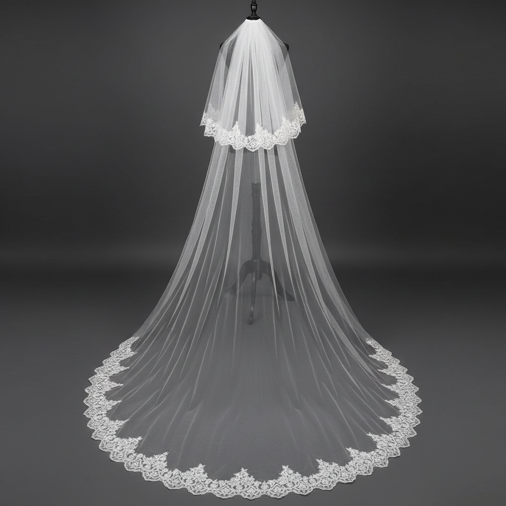 Long bridal veil with intricate lace border for elegant wedding attire