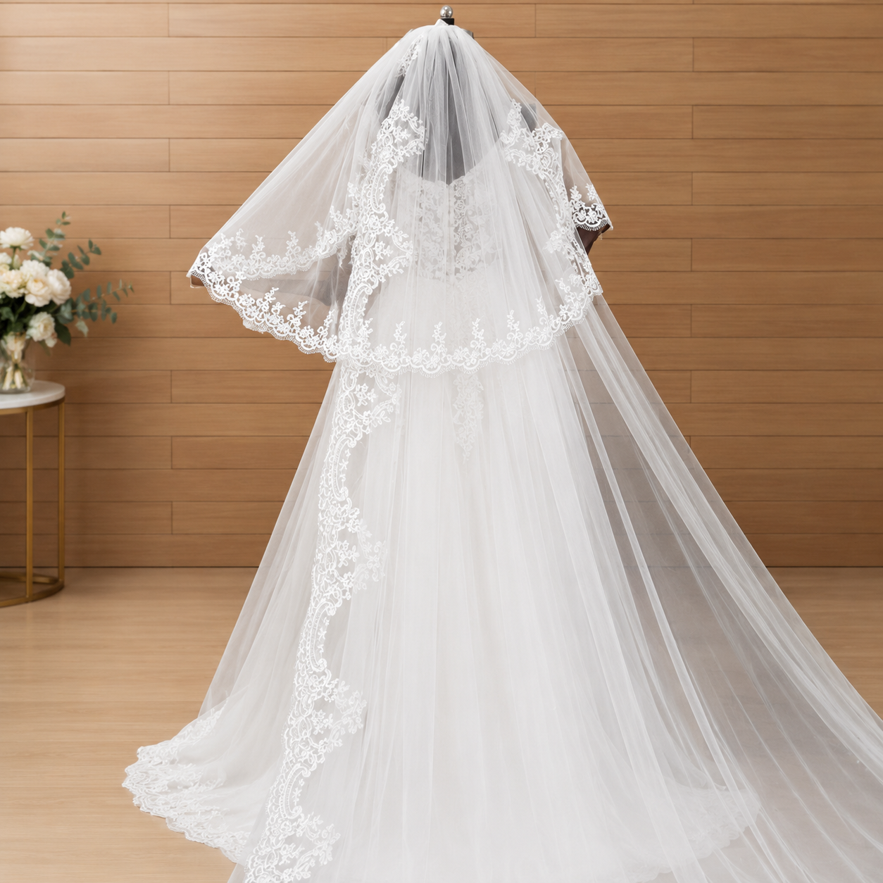 Back view of Cathedral Bridal Veil showing full length and drape — GownLink GLHL56