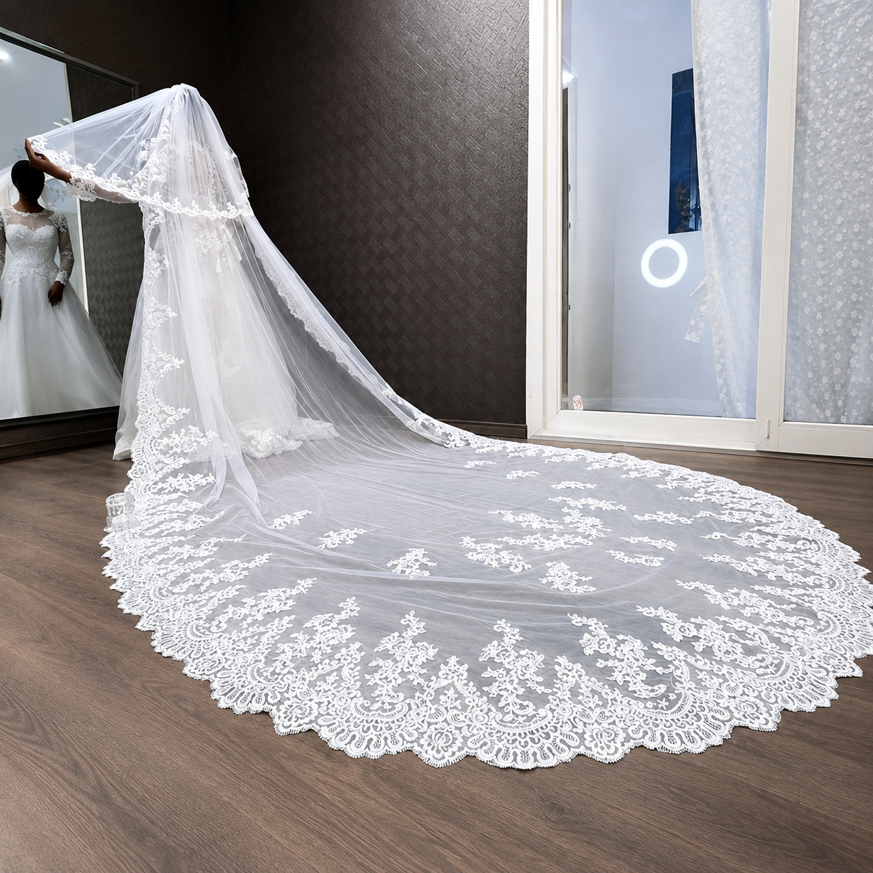 Close-up of lace edge detail on Cathedral Bridal Veil — GownLink GLHL56