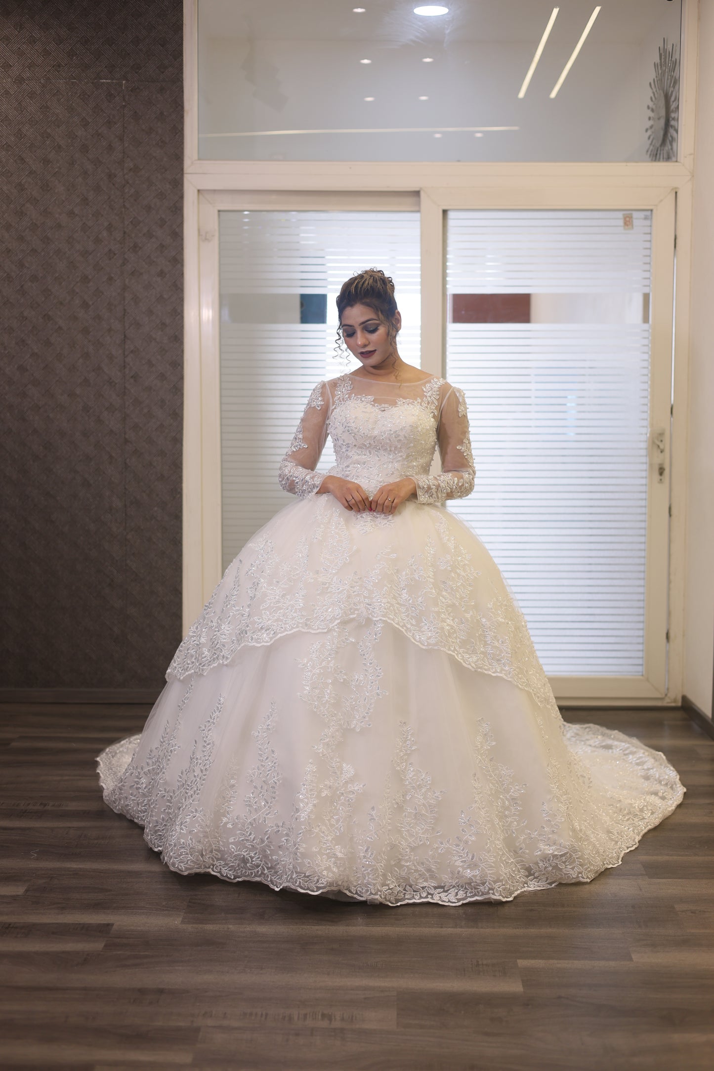 White lace ball gown for Christian brides with intricate embroidery and timeless bridal elegance