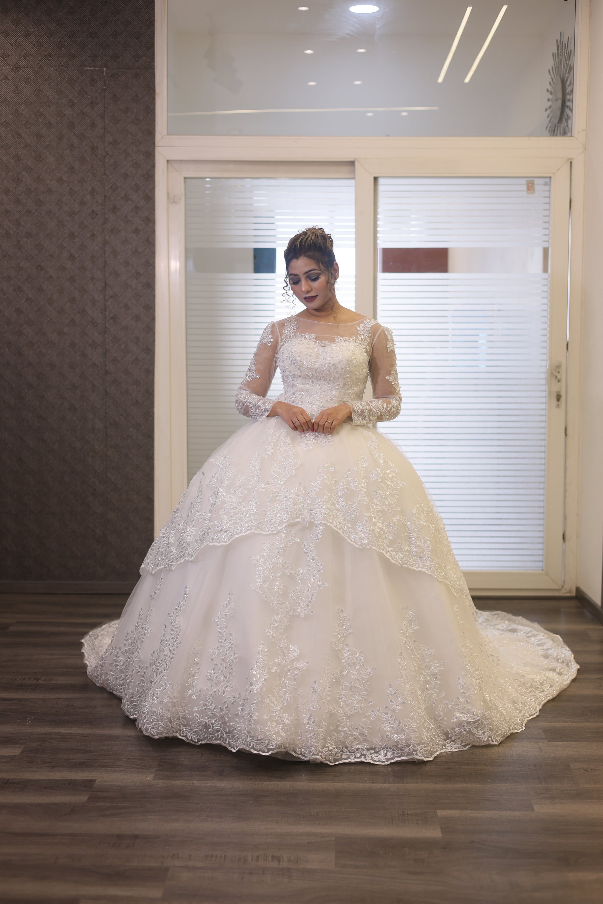 White lace ball gown for Christian brides with intricate embroidery and timeless bridal elegance