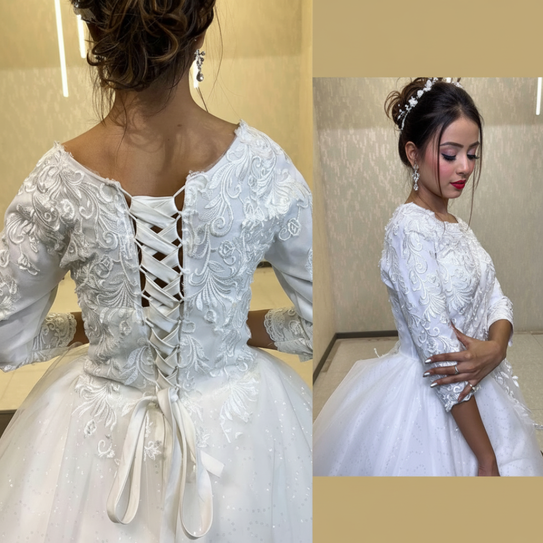 White lace Christian wedding ball gown with intricate embroidery and a classic bridal silhouette