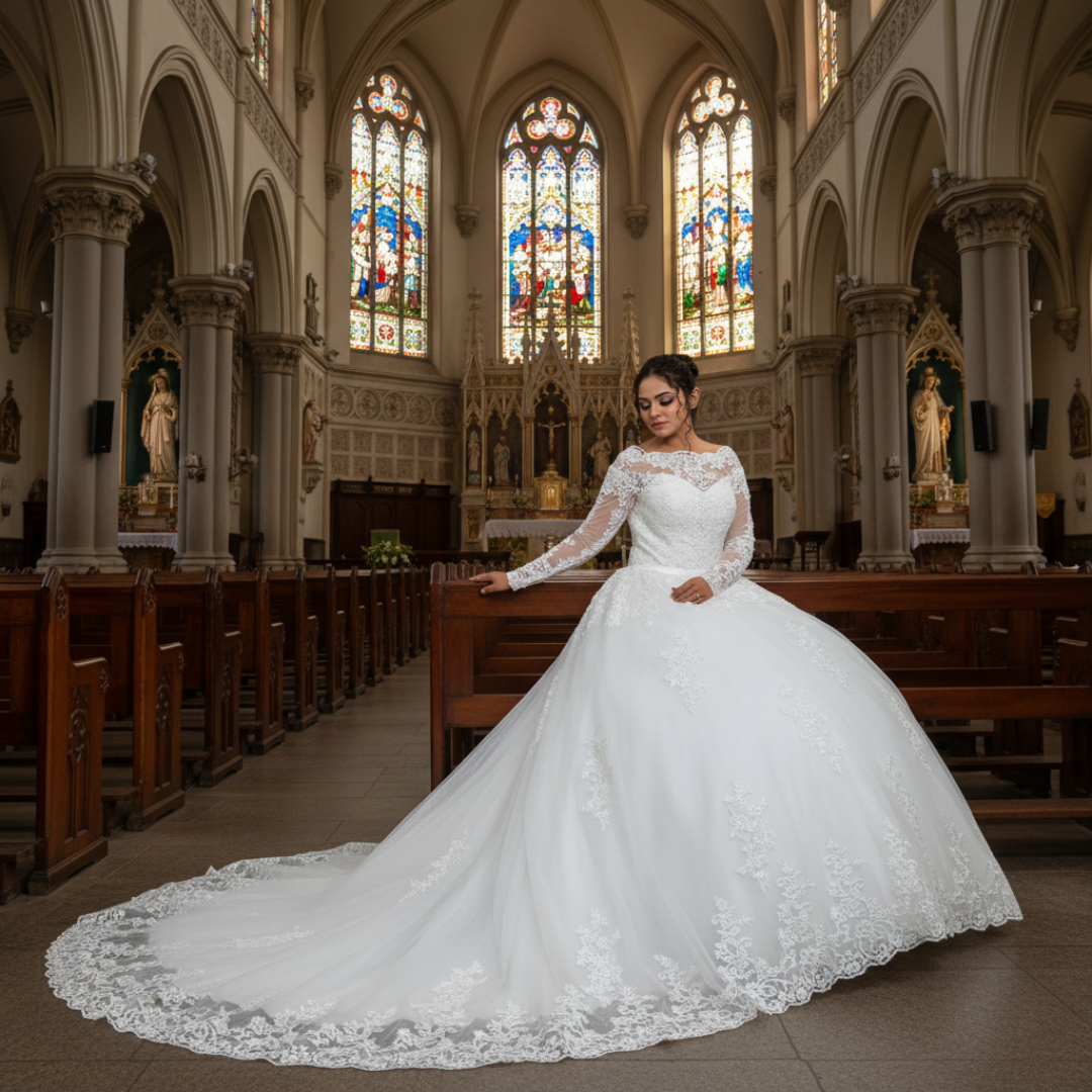 White lace Christian wedding dress with a princess silhouette for brides