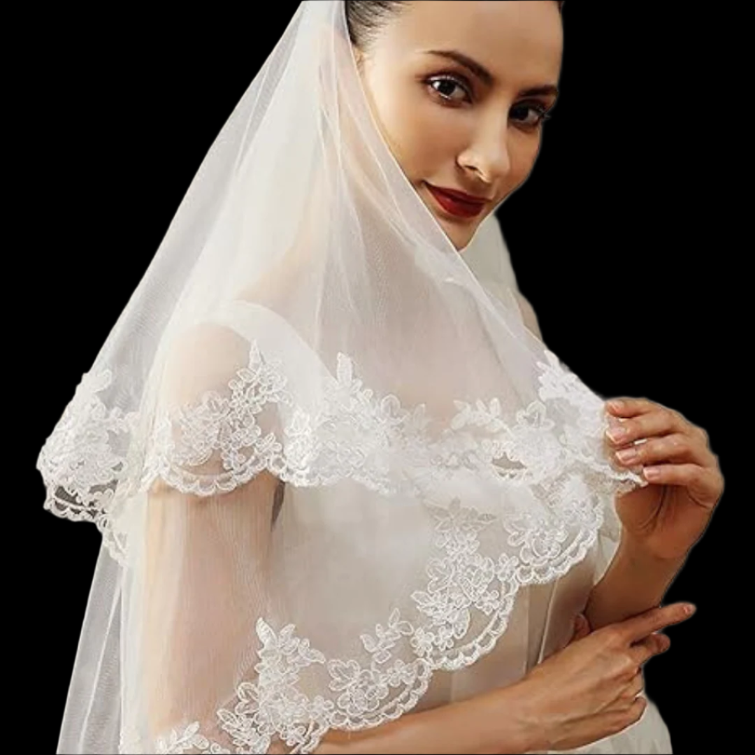 White wedding veil with lace trim for Christian church bridal gown