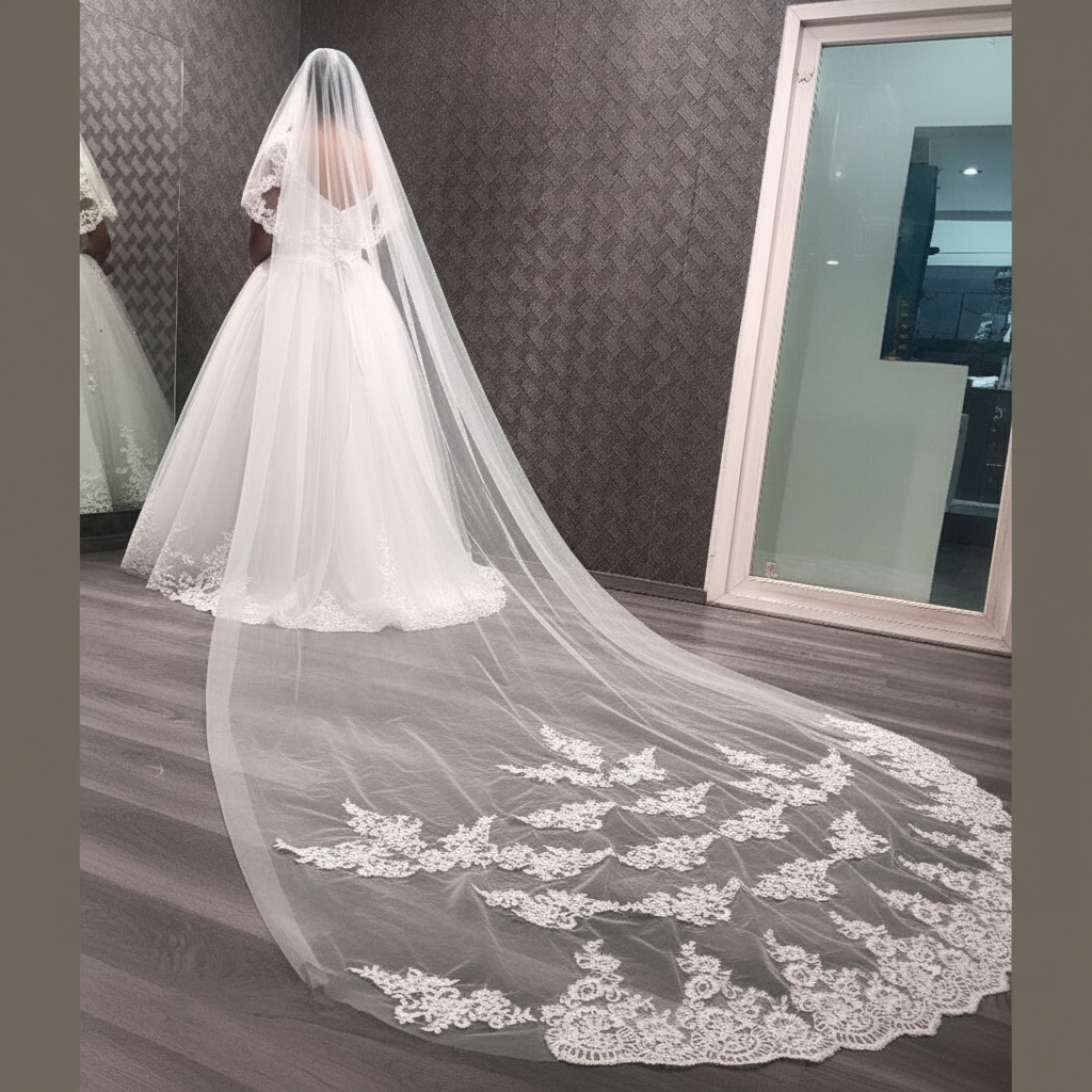 White wedding veil with front face blusher and satin edge designed for Christian church brides
