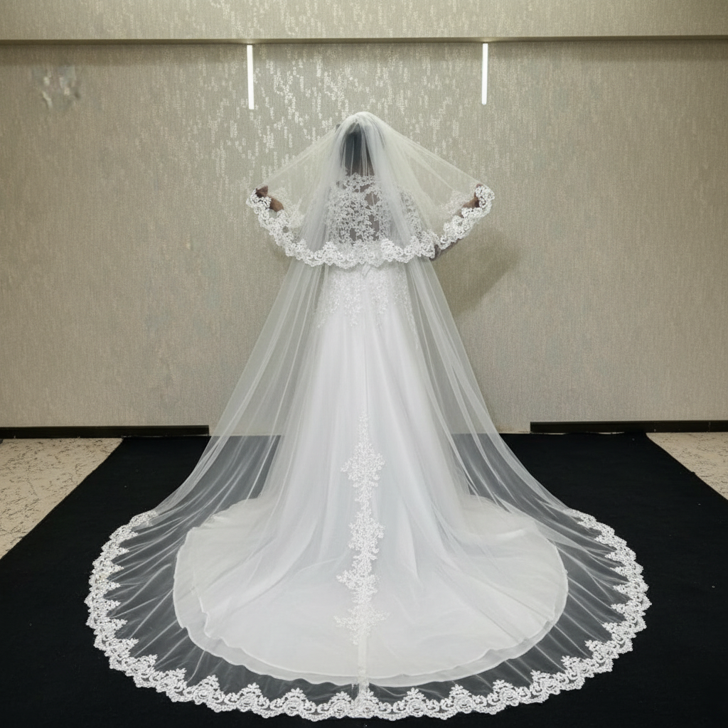 White tulle bridal veil with floral lace border and elegant