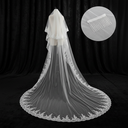 Front view of Long Bridal Veil draped over model — GownLink GLV20