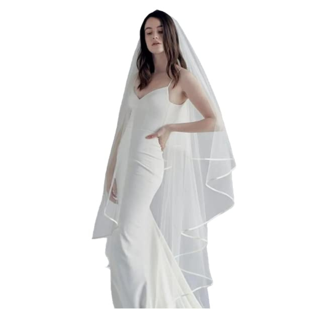 White bridal veil with front blusher and satin edge for wedding ceremony