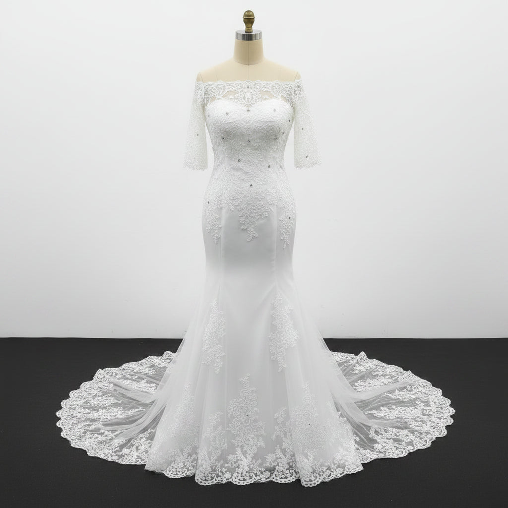 Gownlink Elegant White Mermaid Bridal Wedding Dress with Train for Christian Church Bride GLD-950