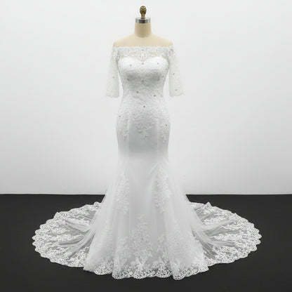 Gownlink Elegant White Mermaid Bridal Wedding Dress with Train for Christian Church Bride GLD-950