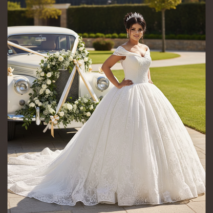 GownLink White Christian Catholic Church Wedding Sparkle Off Shoulder Bridal Train Gown GLGT1088T